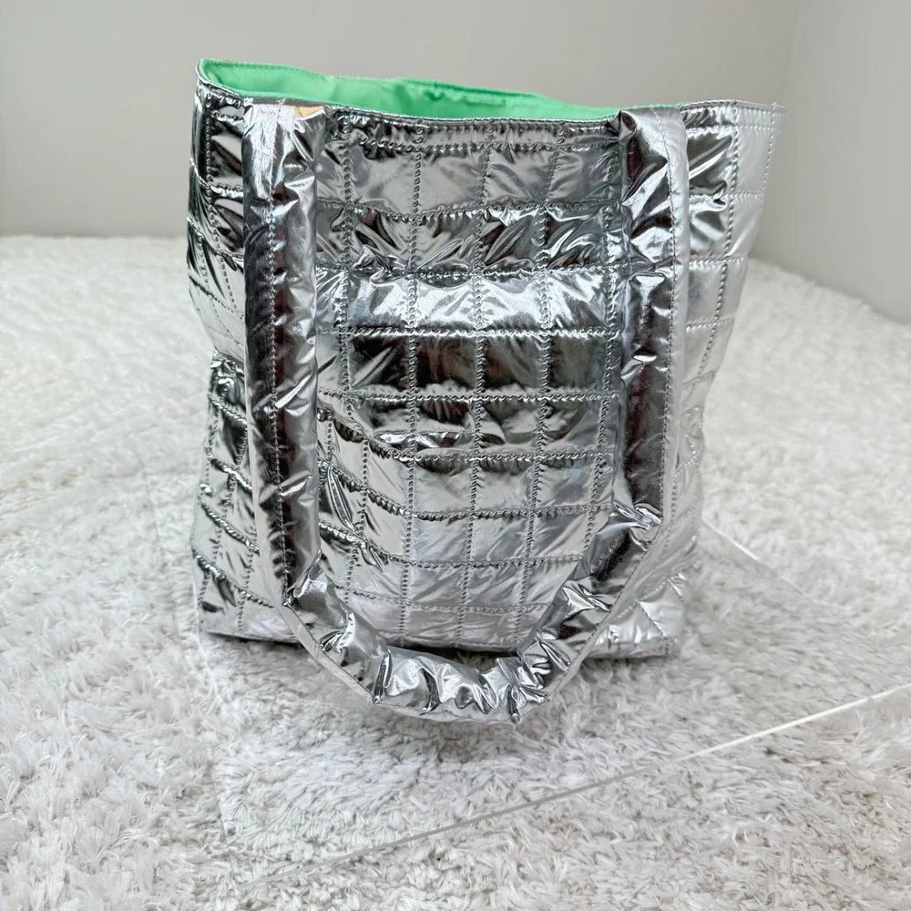Clinique Silver Quilted Tote Bag Metallic Green Lining Shopper Makeup Puffer